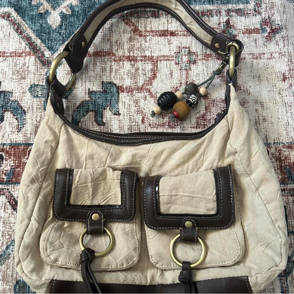 franco sarto shoulder bag beige canvas with dark brown leather trim